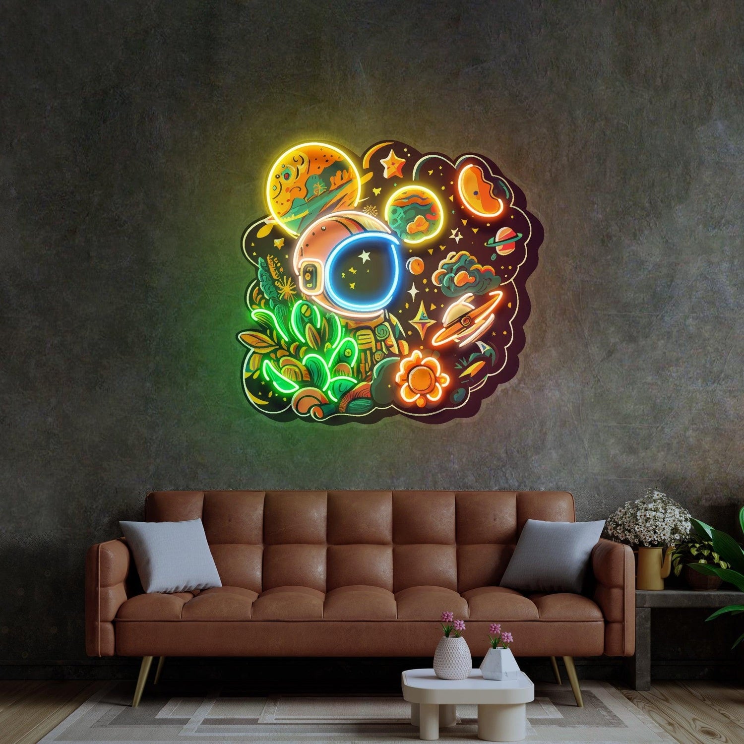 Astronaut Plant Universe Uv Printed Led Neon Sign Artwork For Home Decor | Shineneon