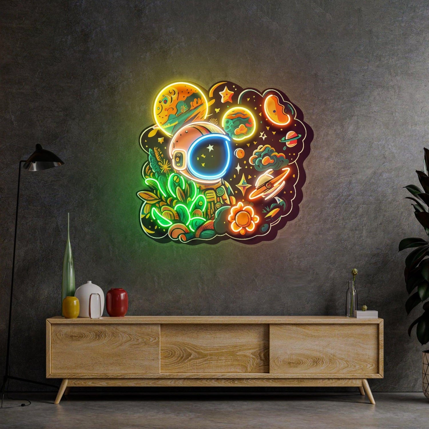 Astronaut Plant Universe Uv Printed Led Neon Sign Artwork For Home Decor | Shineneon