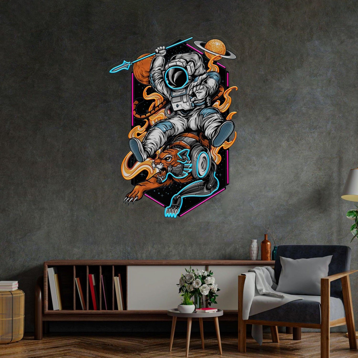 Astronaut Riding Tiger Uv Printed Led Neon Sign Artwork Art For Home Bar Decor | Shineneon