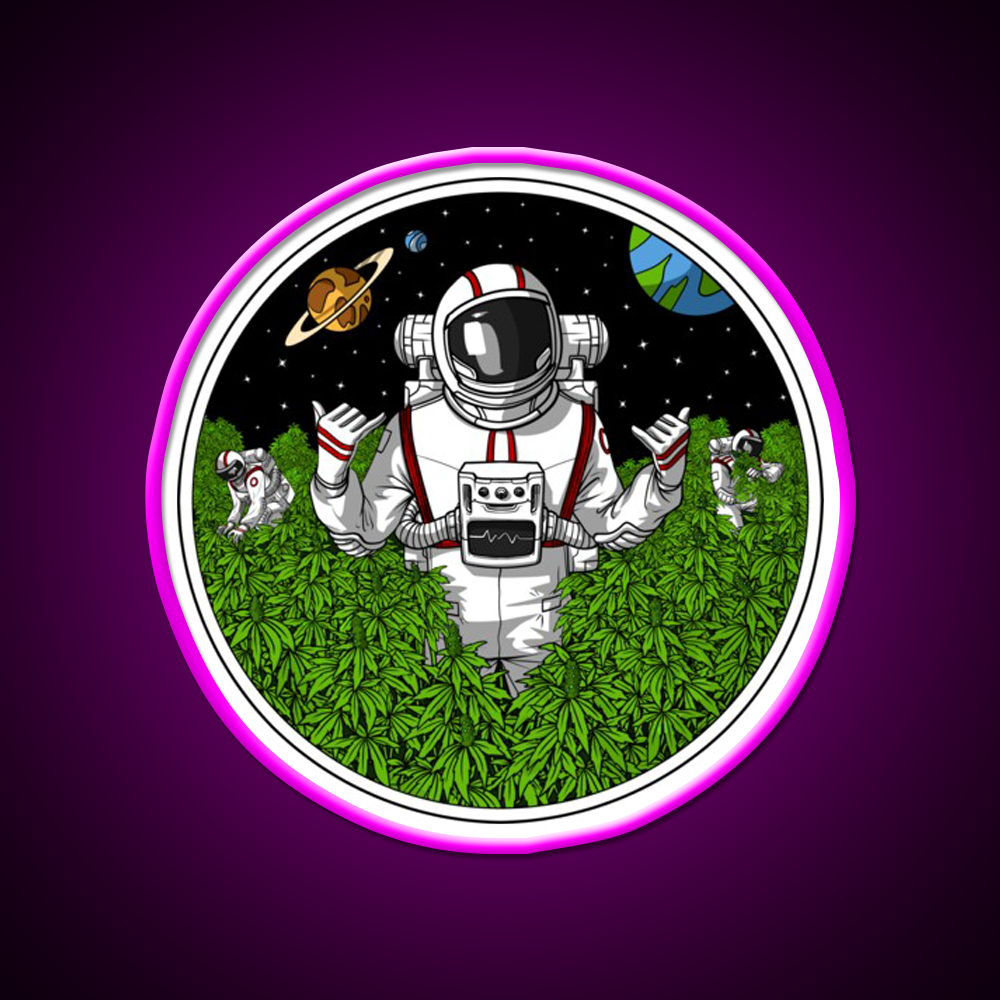 Astronaut Stoner Hemp Inspired Green Leaf Led Neon Sign Rgb Color - Neon sign mounted on wall in room