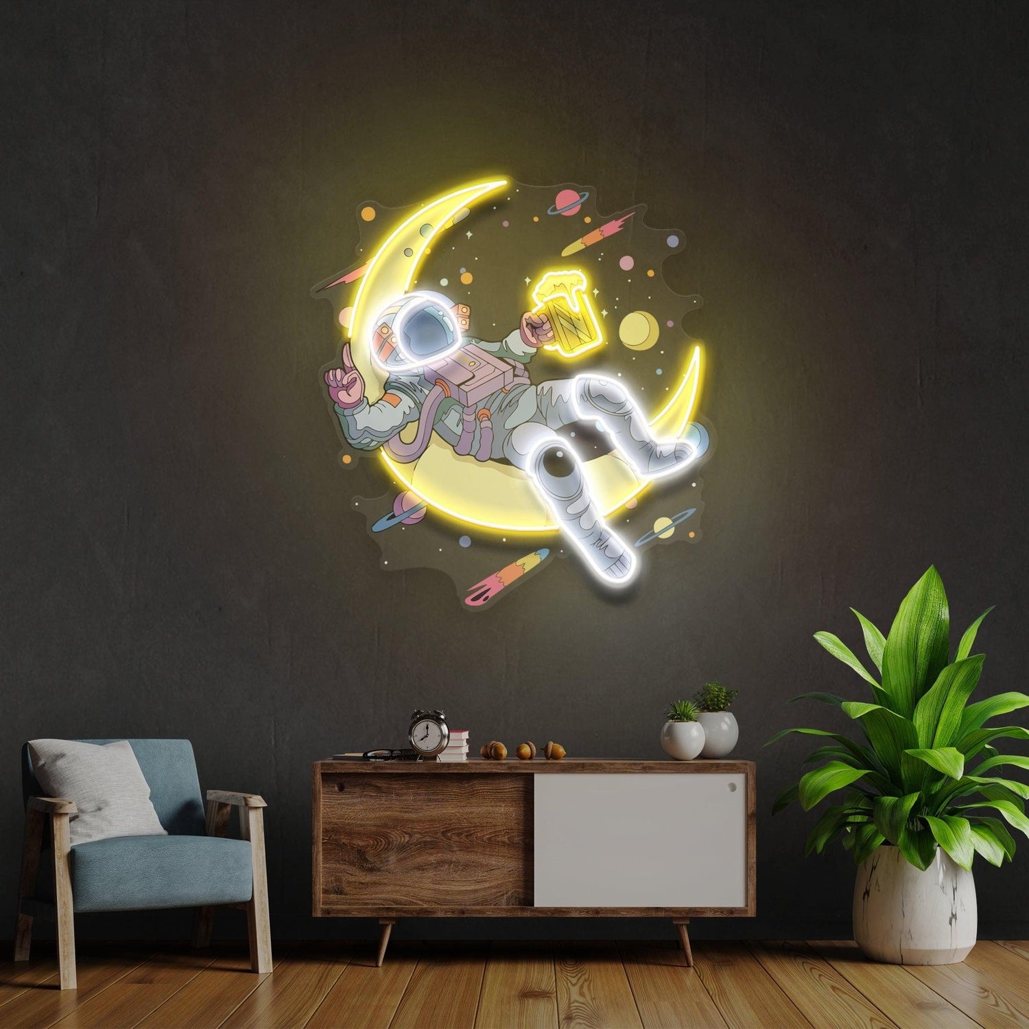 Astronaut With Beer On Moon Uv Printed Led Neon Sign Artwork For Home Decor | Shineneon