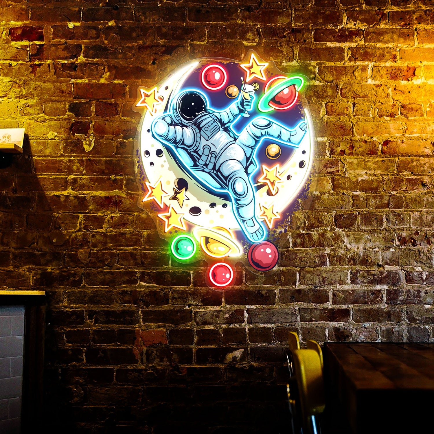 Astronauts Lie Relaxed on a Crescent Moon Acrylic Led Sign | Shineneon