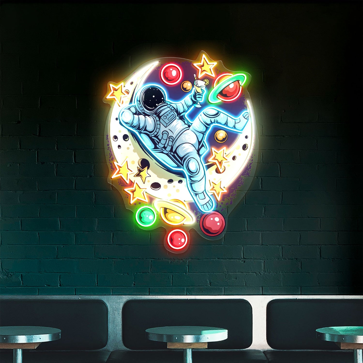 Astronauts Lie Relaxed on a Crescent Moon Acrylic Led Sign | Shineneon
