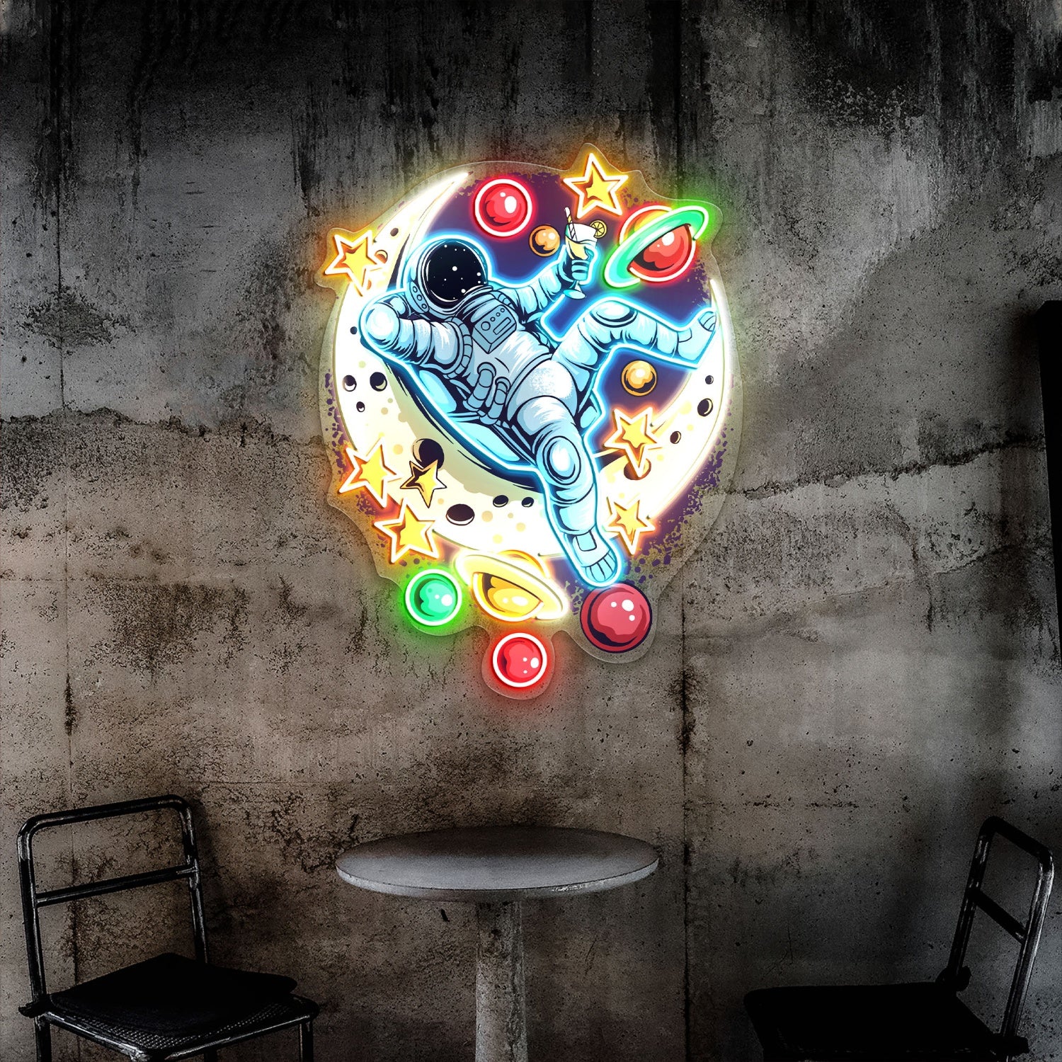 Astronauts Lie Relaxed on a Crescent Moon Acrylic Led Sign | Shineneon
