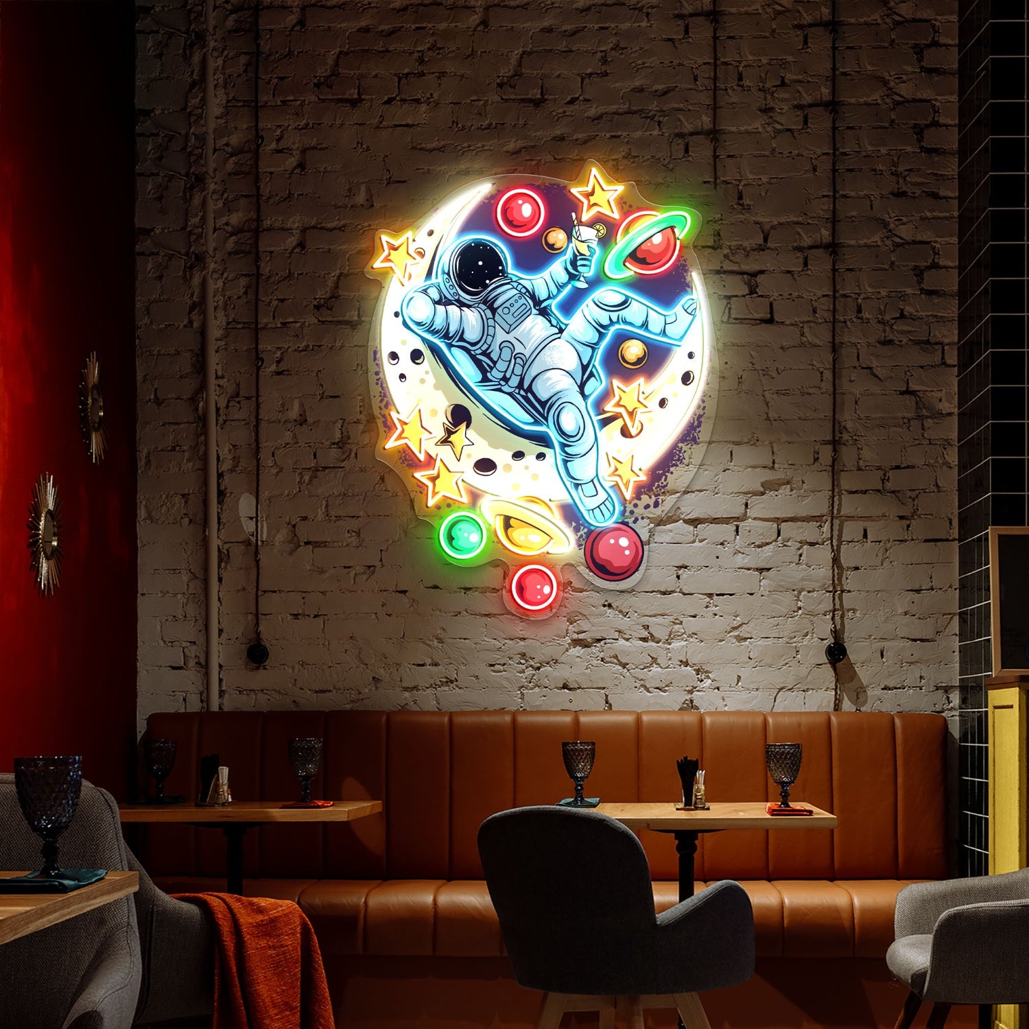 Astronauts Lie Relaxed on a Crescent Moon Acrylic Led Sign | Shineneon
