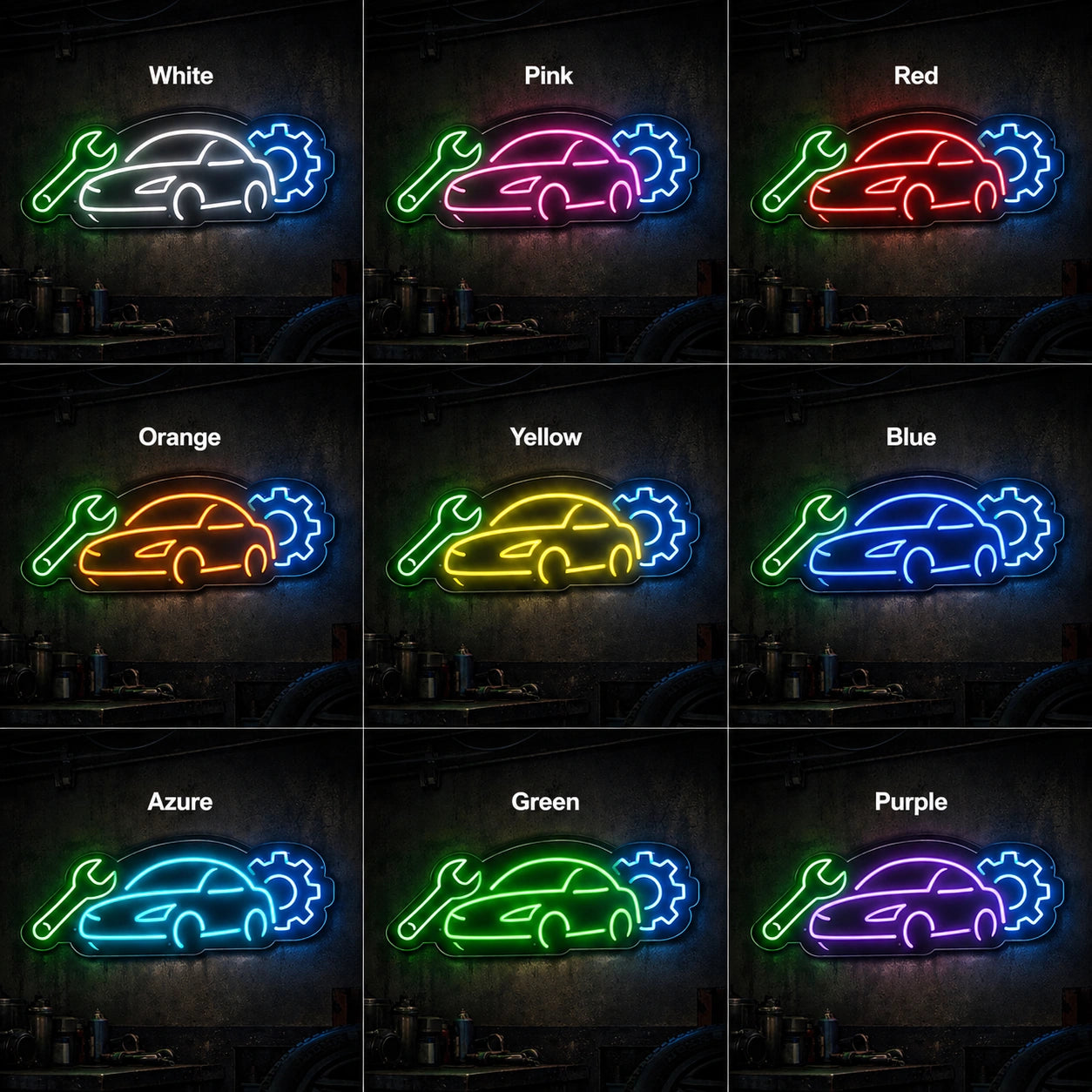Auto Repair Car Wrench LED Neon Sign day and night comparison