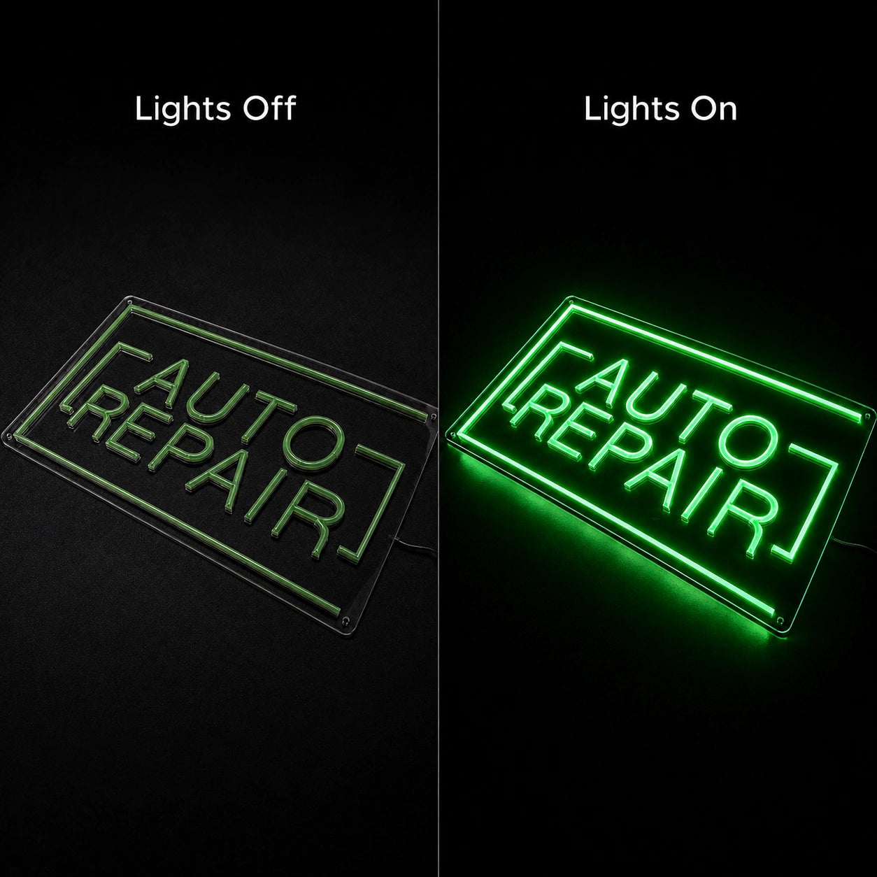 Auto Repair Shop LED Neon Sign - 06 Day Night Comparison