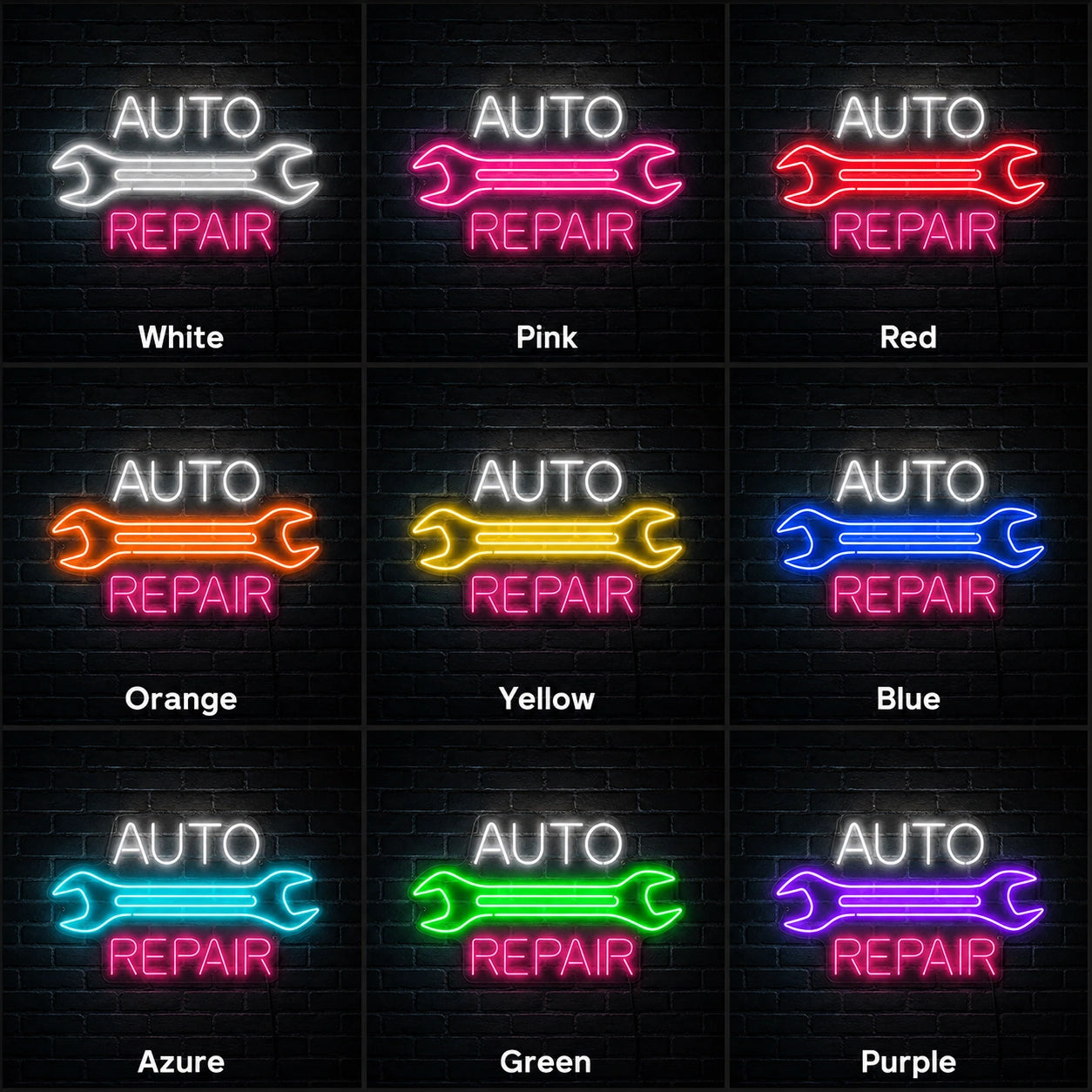 Auto Repair Wrench LED Neon Sign day and night comparison