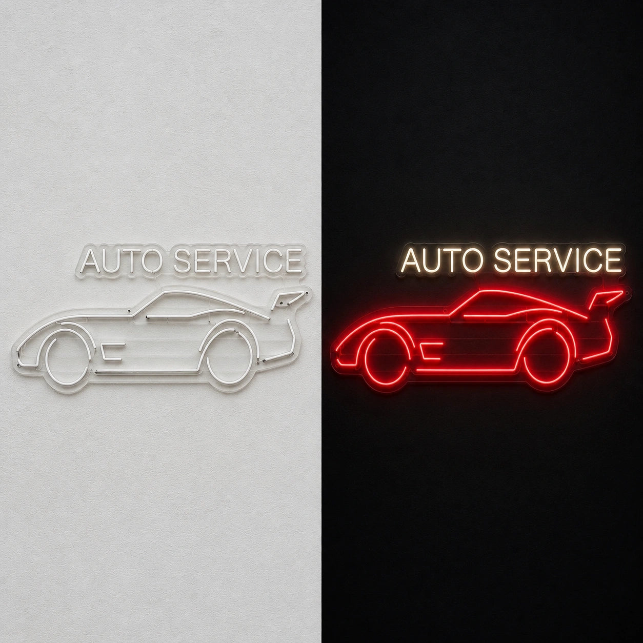 Auto Service Car Vintage LED Neon Sign day and night comparison