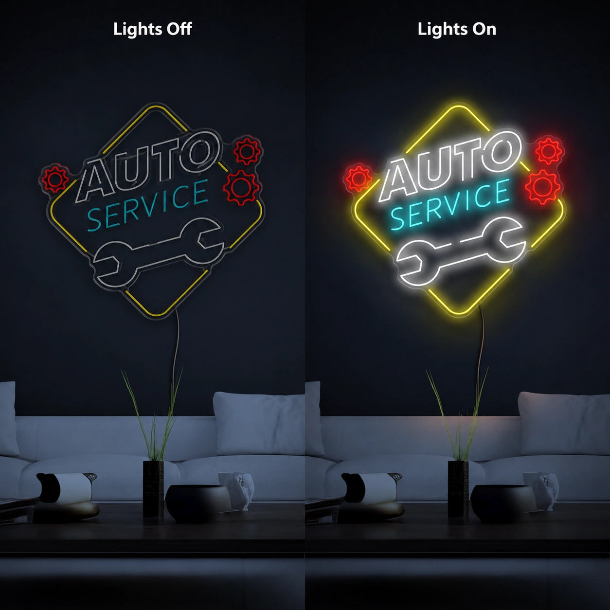 Auto Service Neon Sign LED Neon Sign day and night comparison
