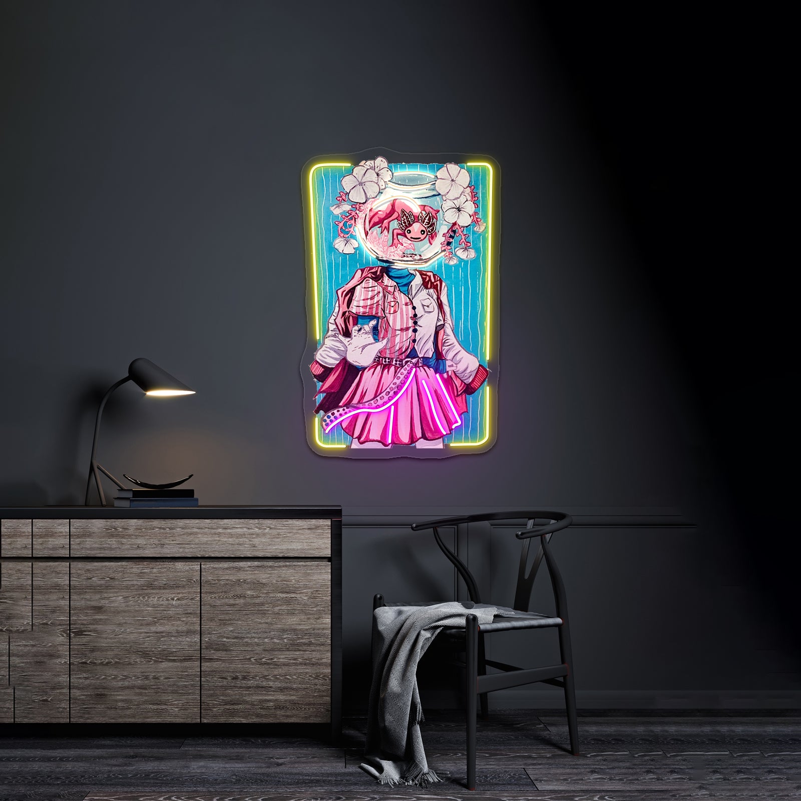 Axolotl Bowl Head Gouache Painting Illustration Artwork Led Neon Sign - LED neon sign view 7