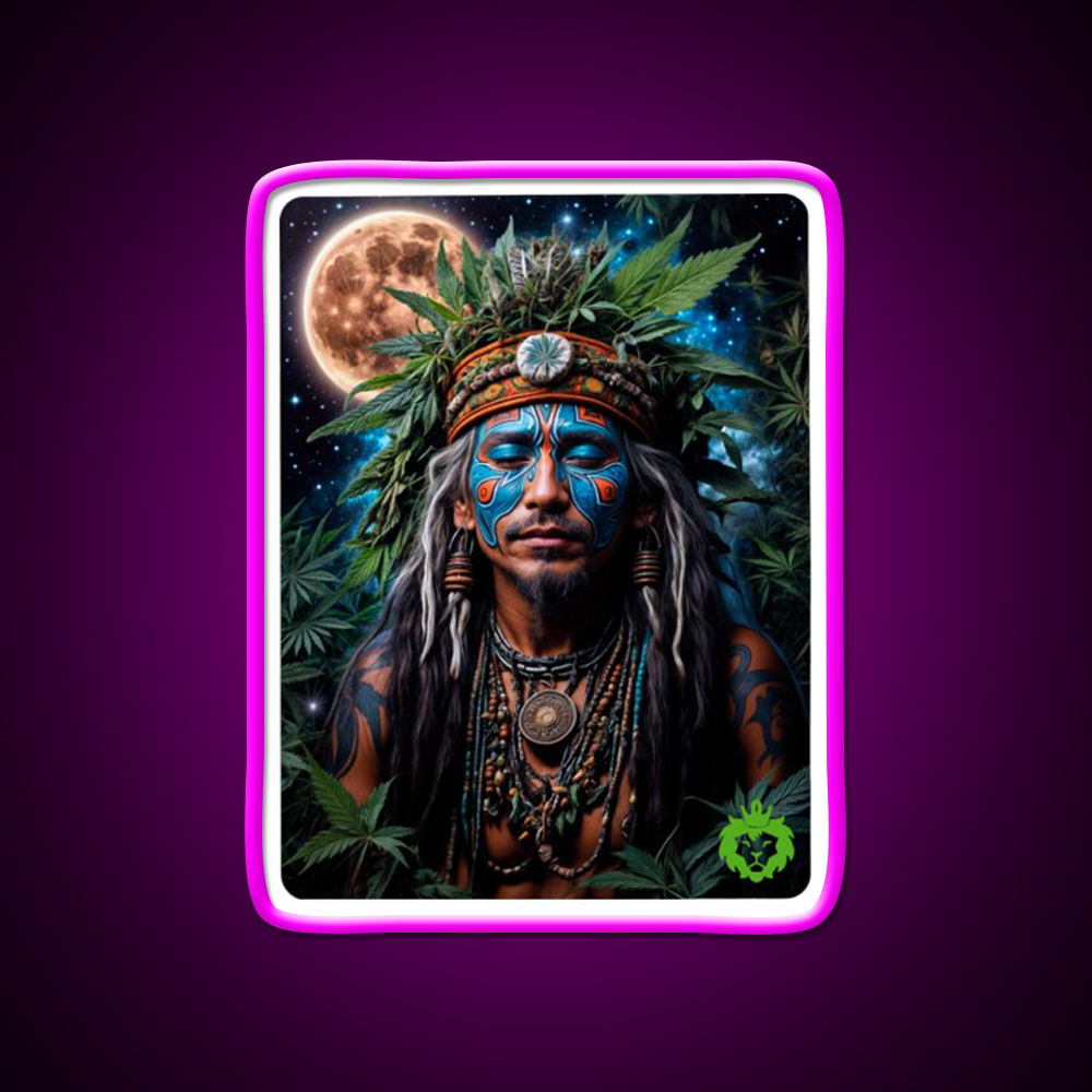 Ayahuasca Shaman Hemp Inspired Green Leaf Led Neon Sign Rgb Color - Neon sign mounted on wall in room