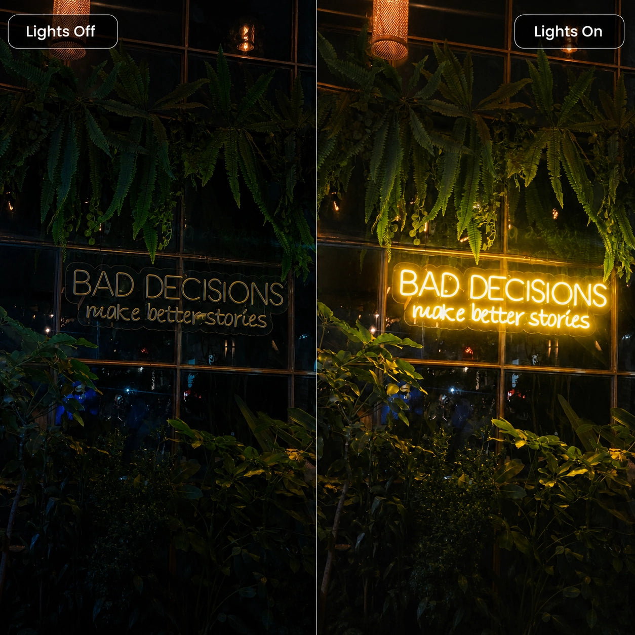 Bad Decisions Make Better Stories LED Neon Sign Wall Decor - 06 Day Night Comparison