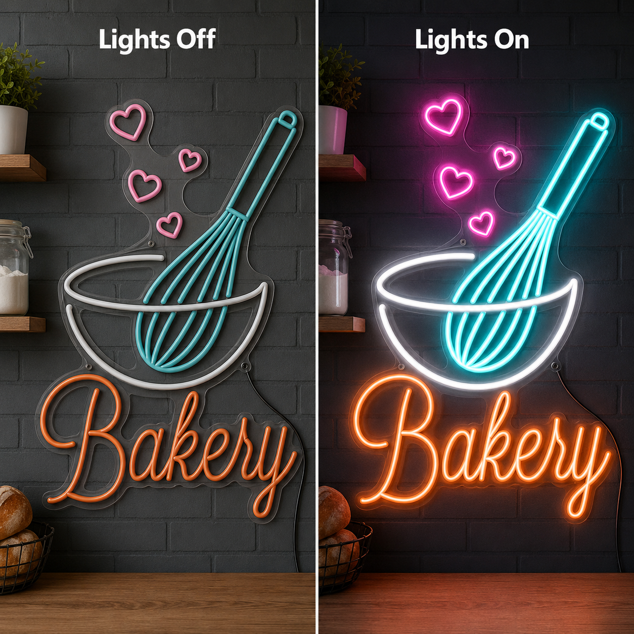 Bakery LED Neon Sign Living Room Decor - 06 Day Night Comparison