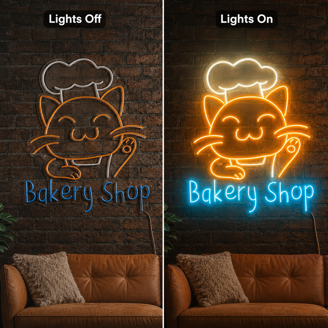 Bakery Shop LED Neon Sign - 06 Day Night Comparison