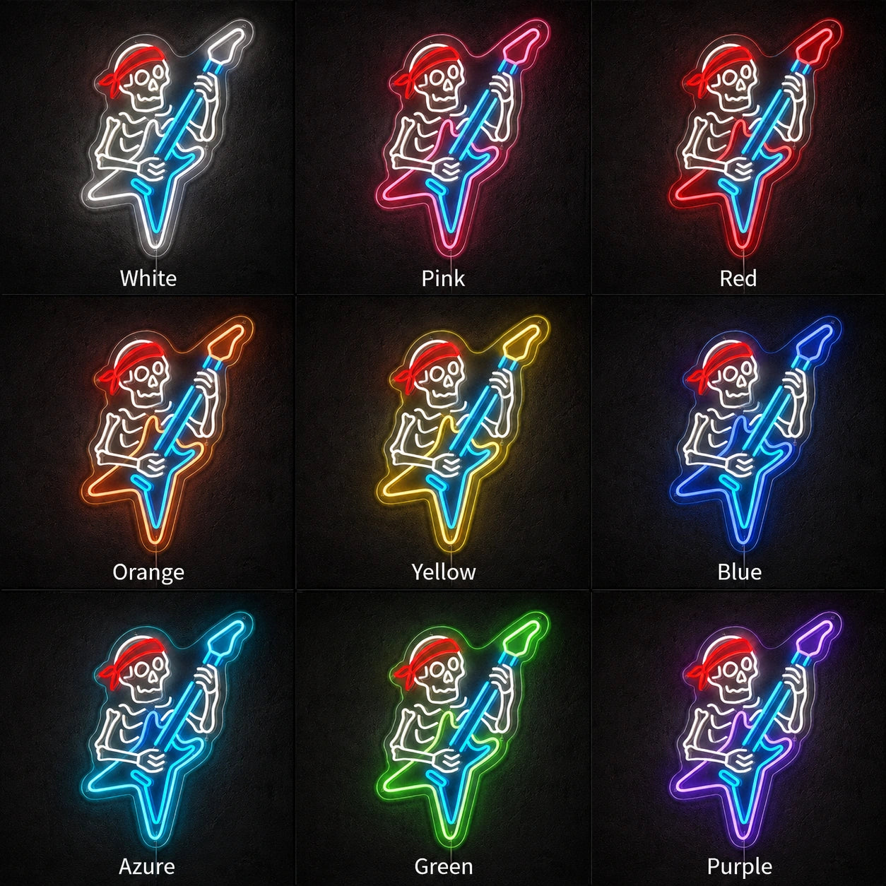 Bandana Skeleton Guitar LED Neon Sign day and night comparison