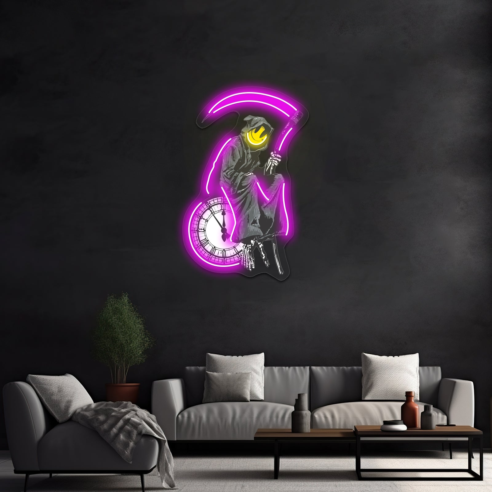 Banksy Grim Reaper Clock Artwork Led Neon Sign - LED neon sign close-up detail
