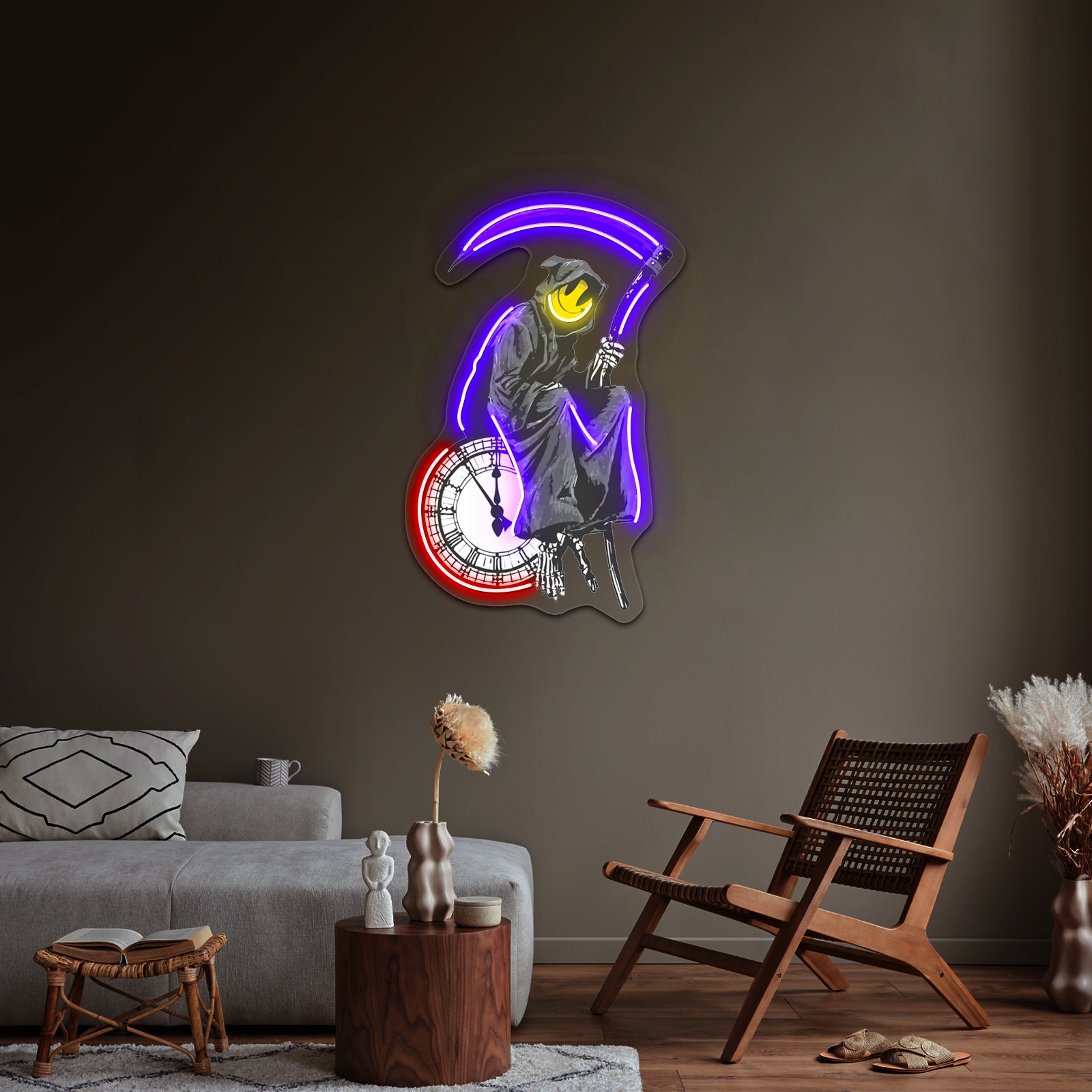 Banksy Grim Reaper Clock Artwork Led Neon Sign - Neon sign mounted on wall in room
