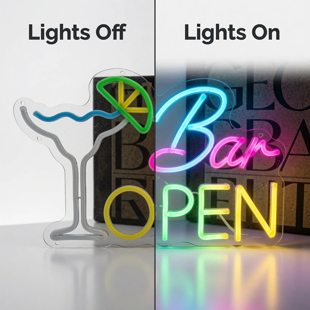Bar Open Business LED Neon Sign - 06 Day Night Comparison