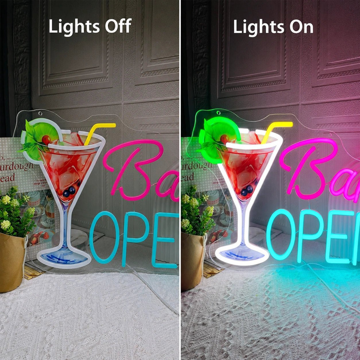 Bar Open Cocktail Glass Man Cave LED Neon Sign - Shineneon