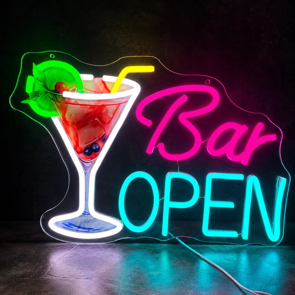 Bar Open Cocktail Glass Man Cave LED Neon Sign - Shineneon