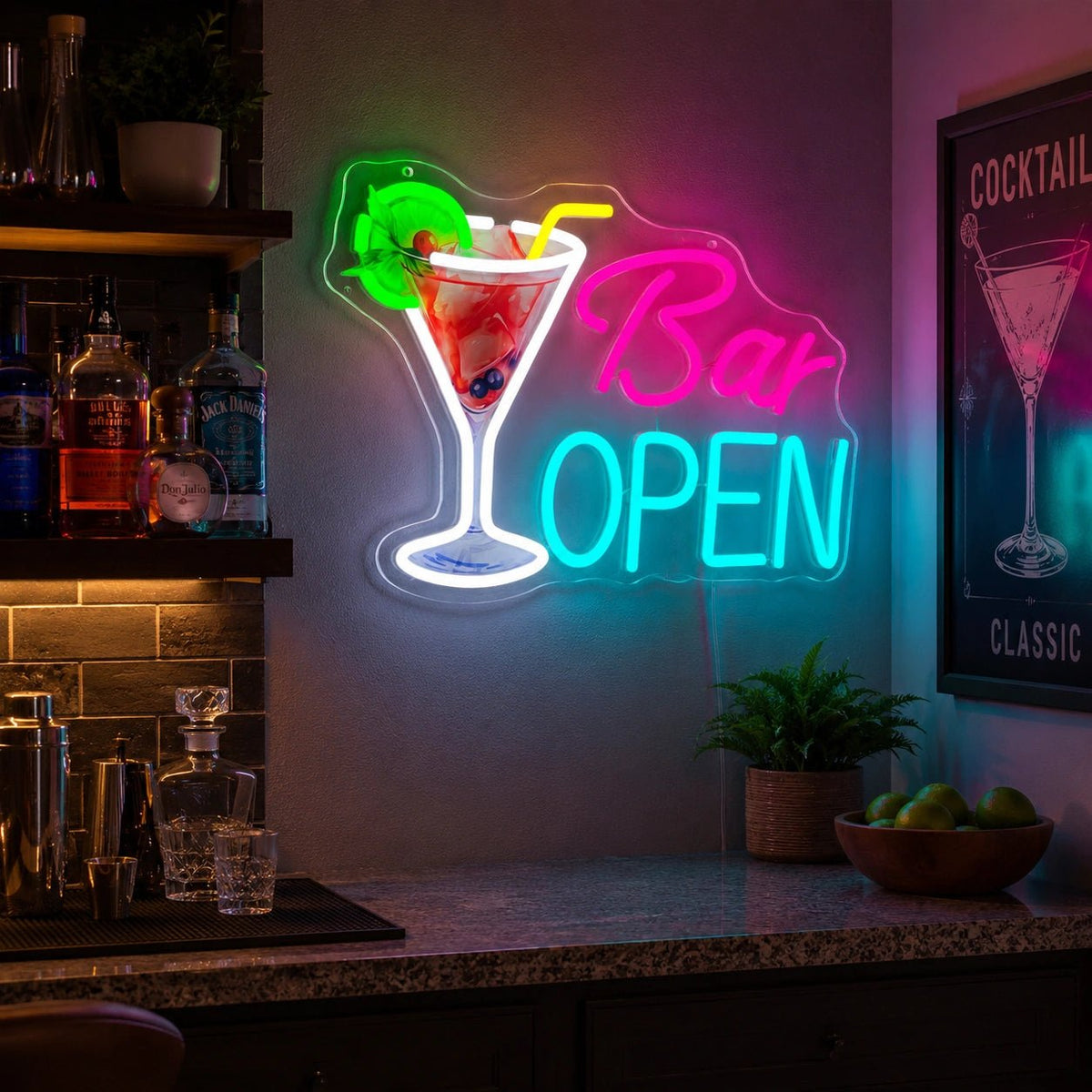 Bar Open Cocktail Glass Man Cave LED Neon Sign - Shineneon