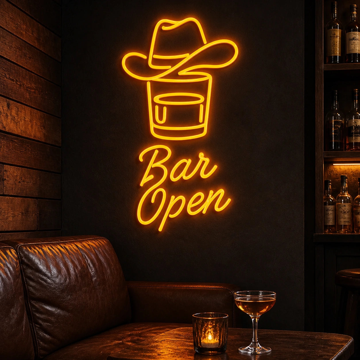 Bar Open Cowboy Hat Whiskey Vintage LED Neon Sign real lifestyle scene