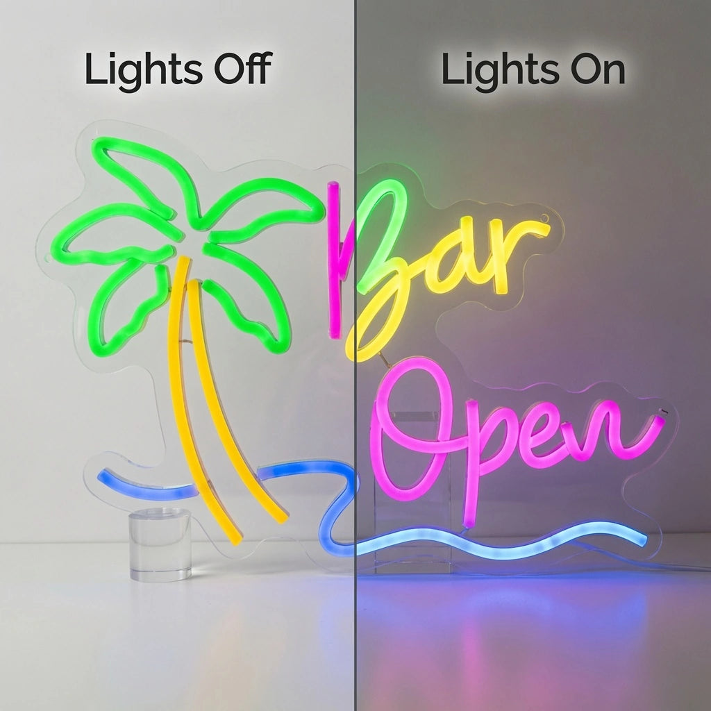 Bar Open LED Neon Sign Bedroom Decor - 06 Day Night Comparison