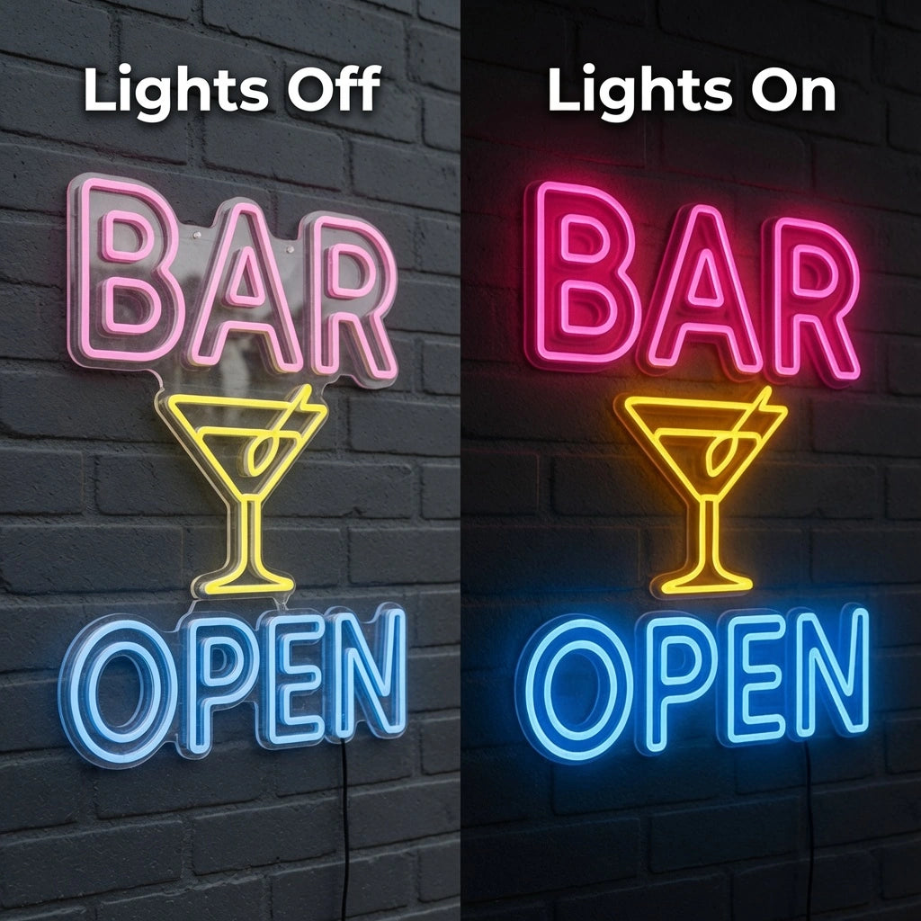 Bar Open LED Neon Sign Home Decor - 06 Day Night Comparison