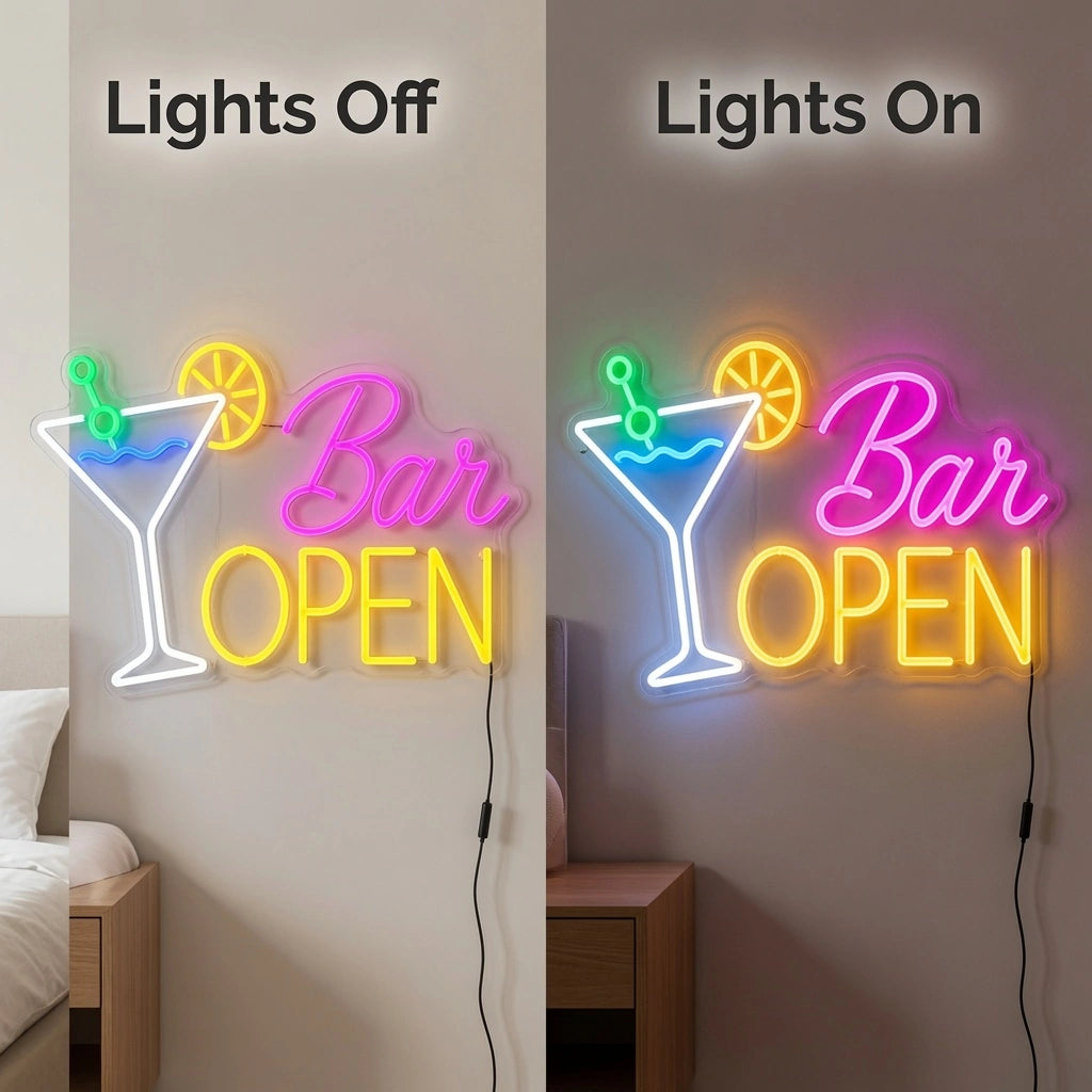 Bar Open LED Neon Sign Home Wall Art - 06 Day Night Comparison