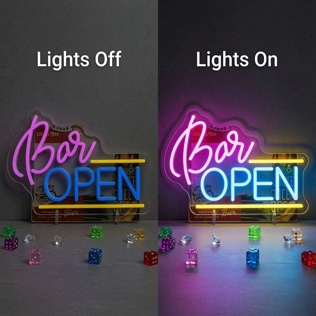 Bar Open Surrounded By Diced Cubes Business LED Neon Sign - 06 Day Night Comparison