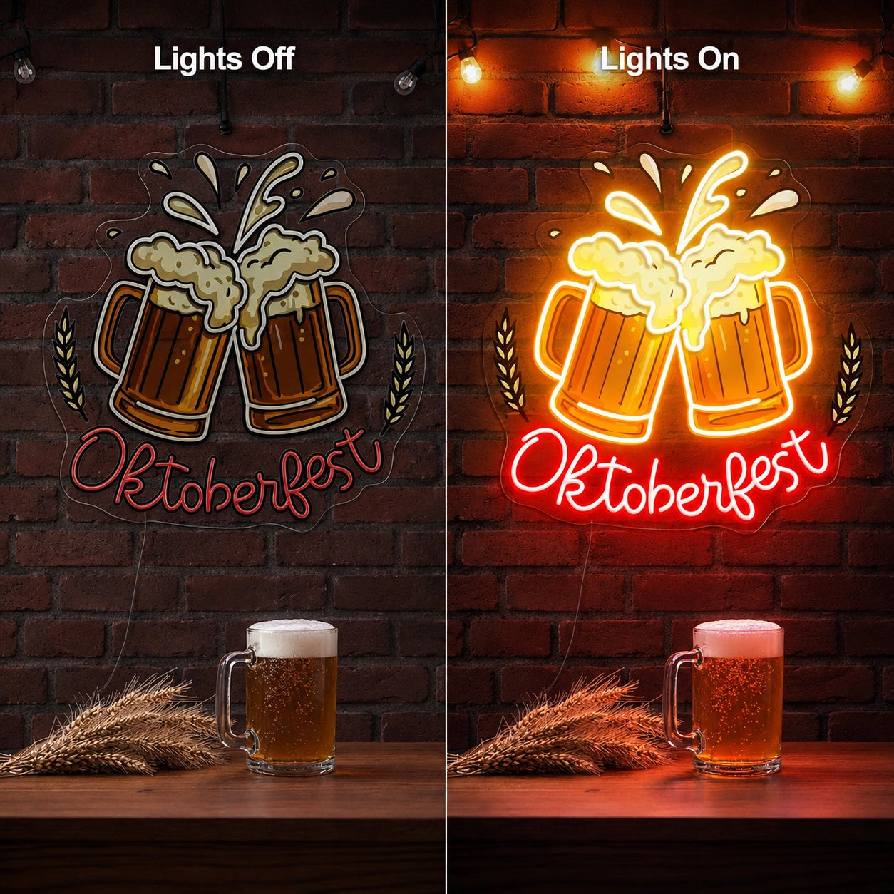 Bar Table Beer Mugs Neon Sign LED Neon Sign day and night comparison