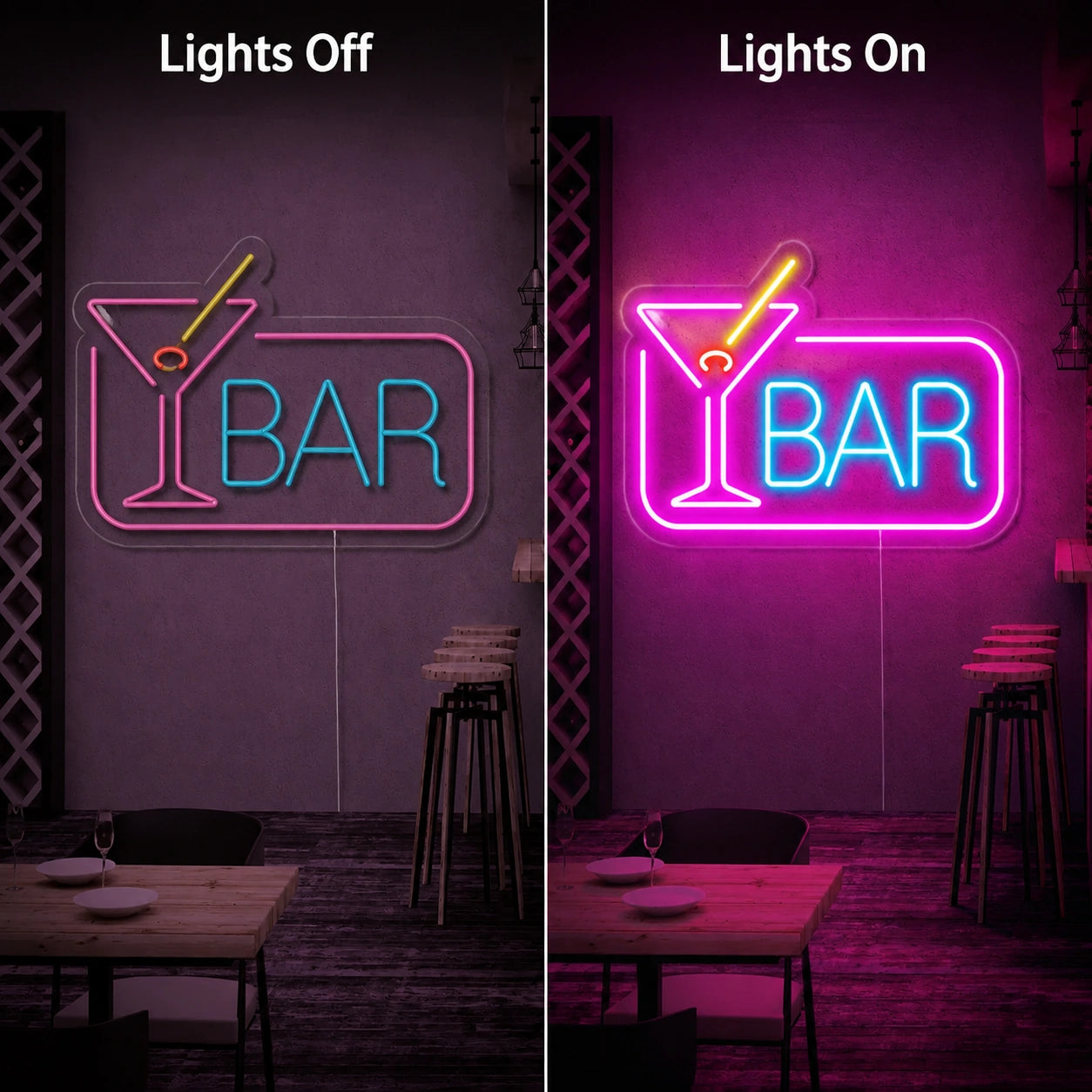 Bar Wall Art LED Neon Sign - 06 Day Night Comparison