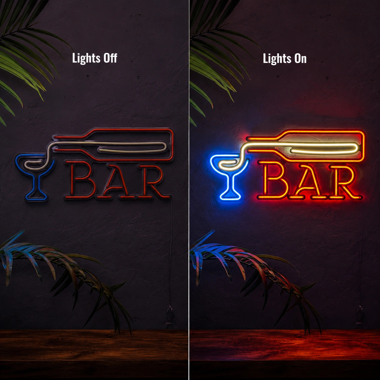 Bar Wine Glass LED Neon Sign - 06 Day Night Comparison