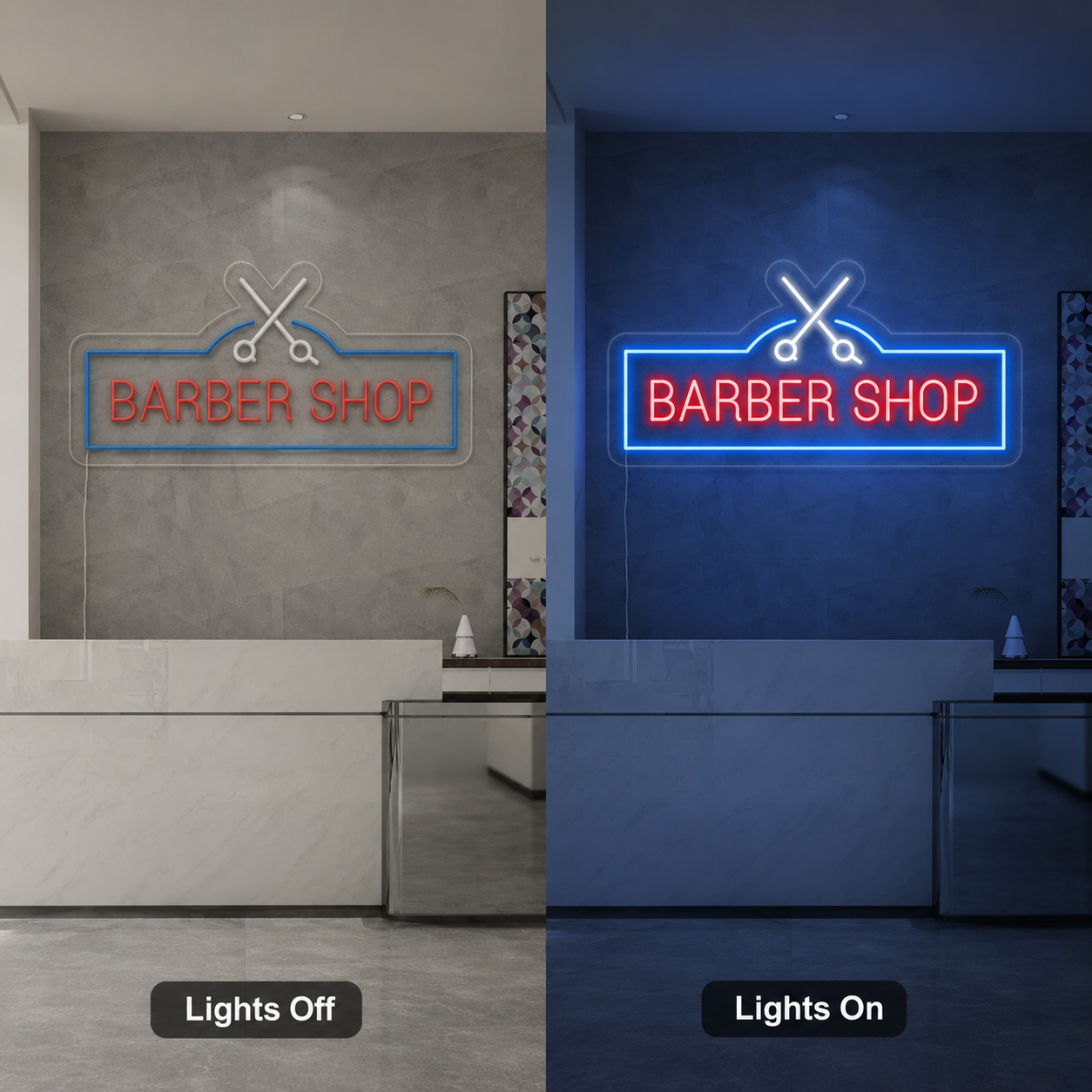Barber Shop Business Wall Art LED Neon Sign - 06 Day Night Comparison