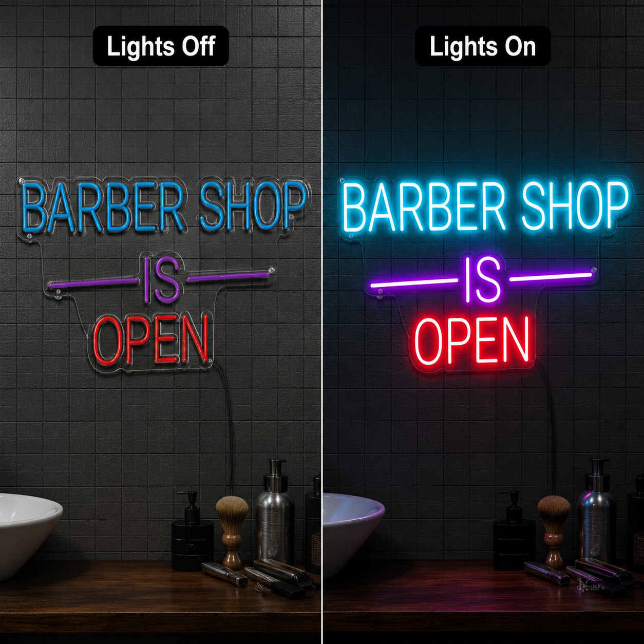 Barber Shop Is Open LED Neon Sign - 06 Day Night Comparison
