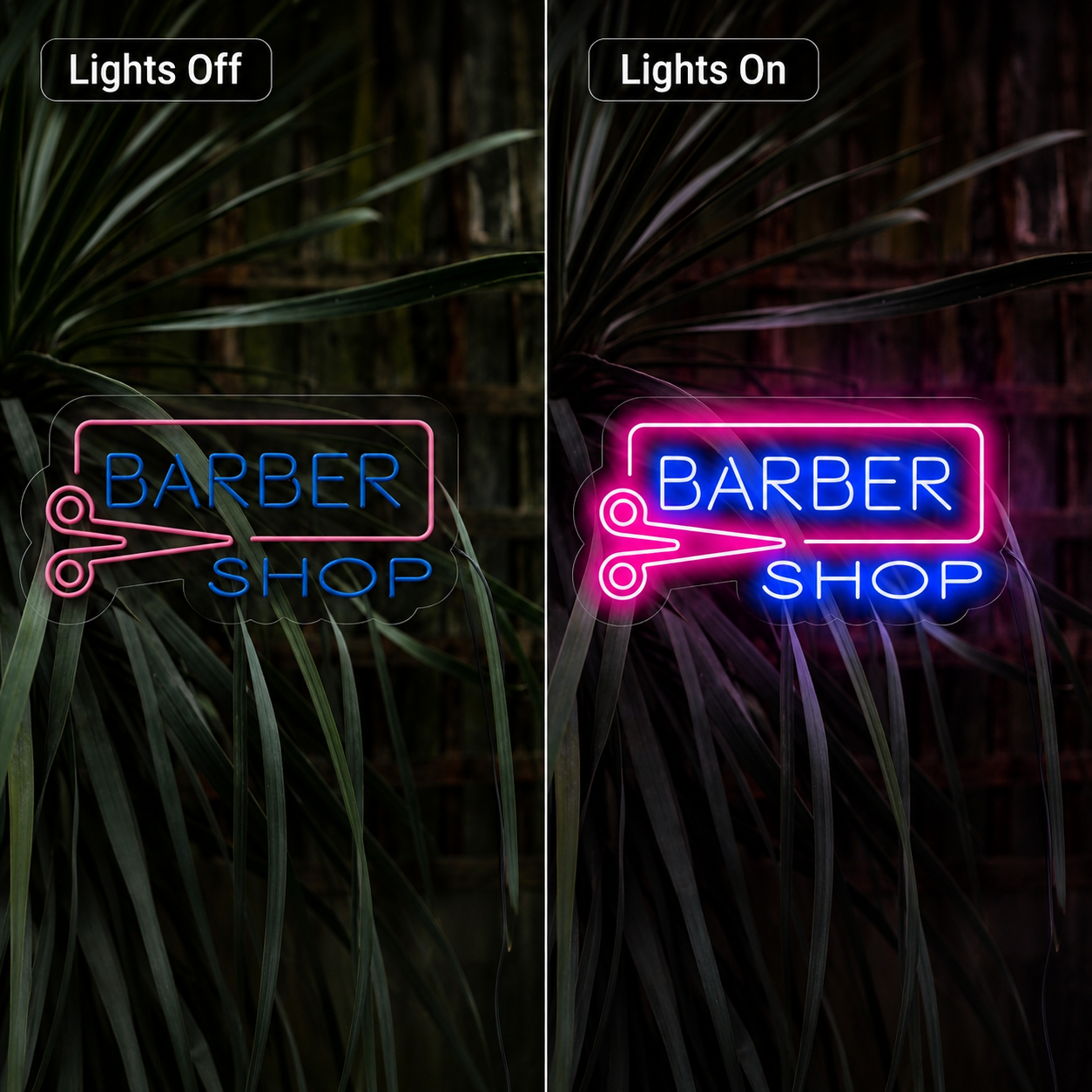 Barber Shop LED Neon Sign Wall Art - 06 Day Night Comparison