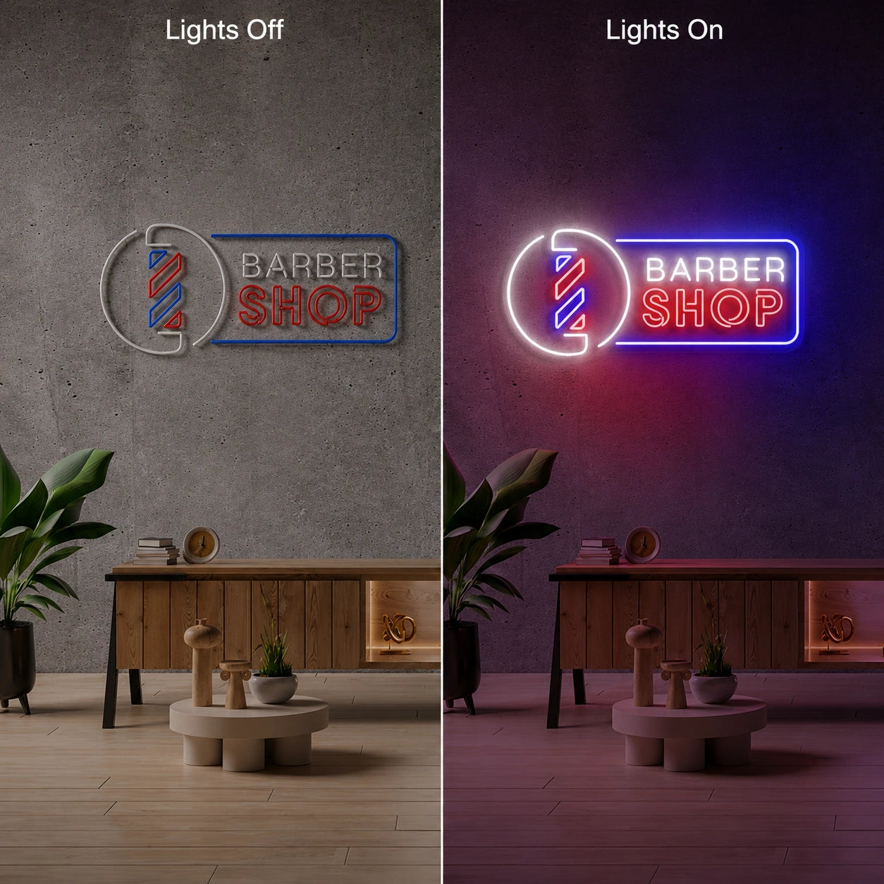 Barber Shop LED Neon Sign Wall Neon Sign - 06 Day Night Comparison