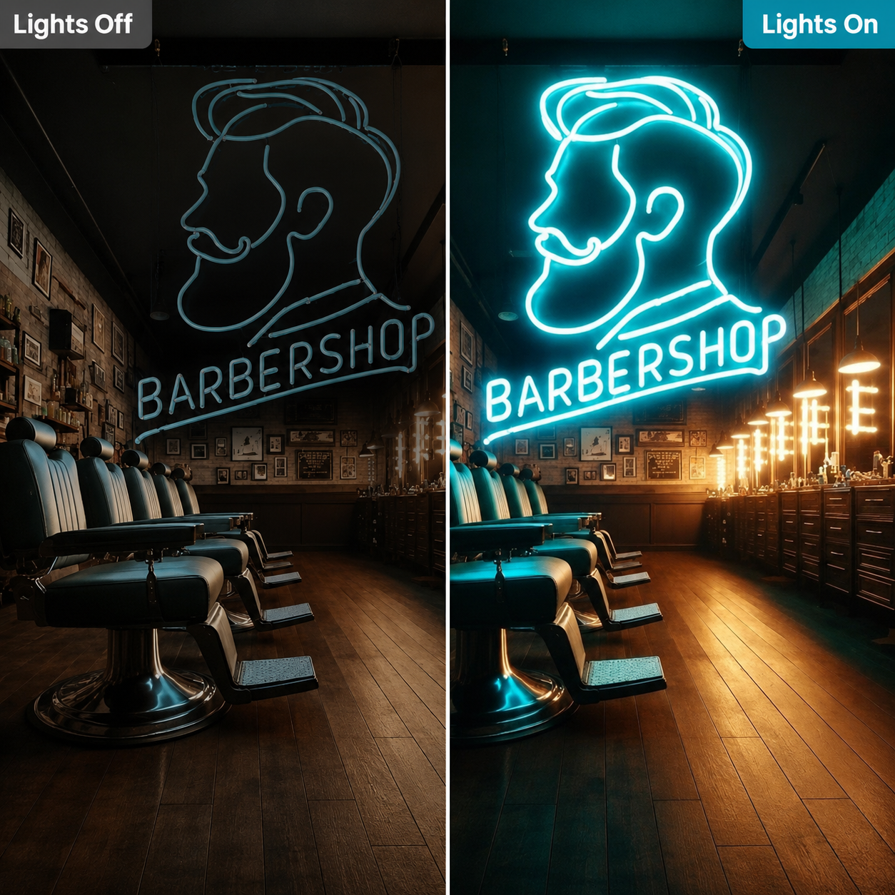 Barbershop LED Neon Sign Wall Neon Sign - 06 Day Night Comparison
