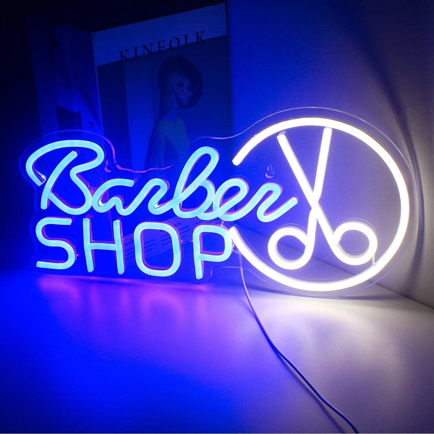 Barbershop Teal And White Led Neon Sign With Scissor Design Salon Decor | Shineneon