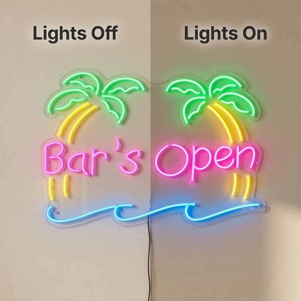 Bar's Open LED Neon Sign Home Wall Art - 06 Day Night Comparison