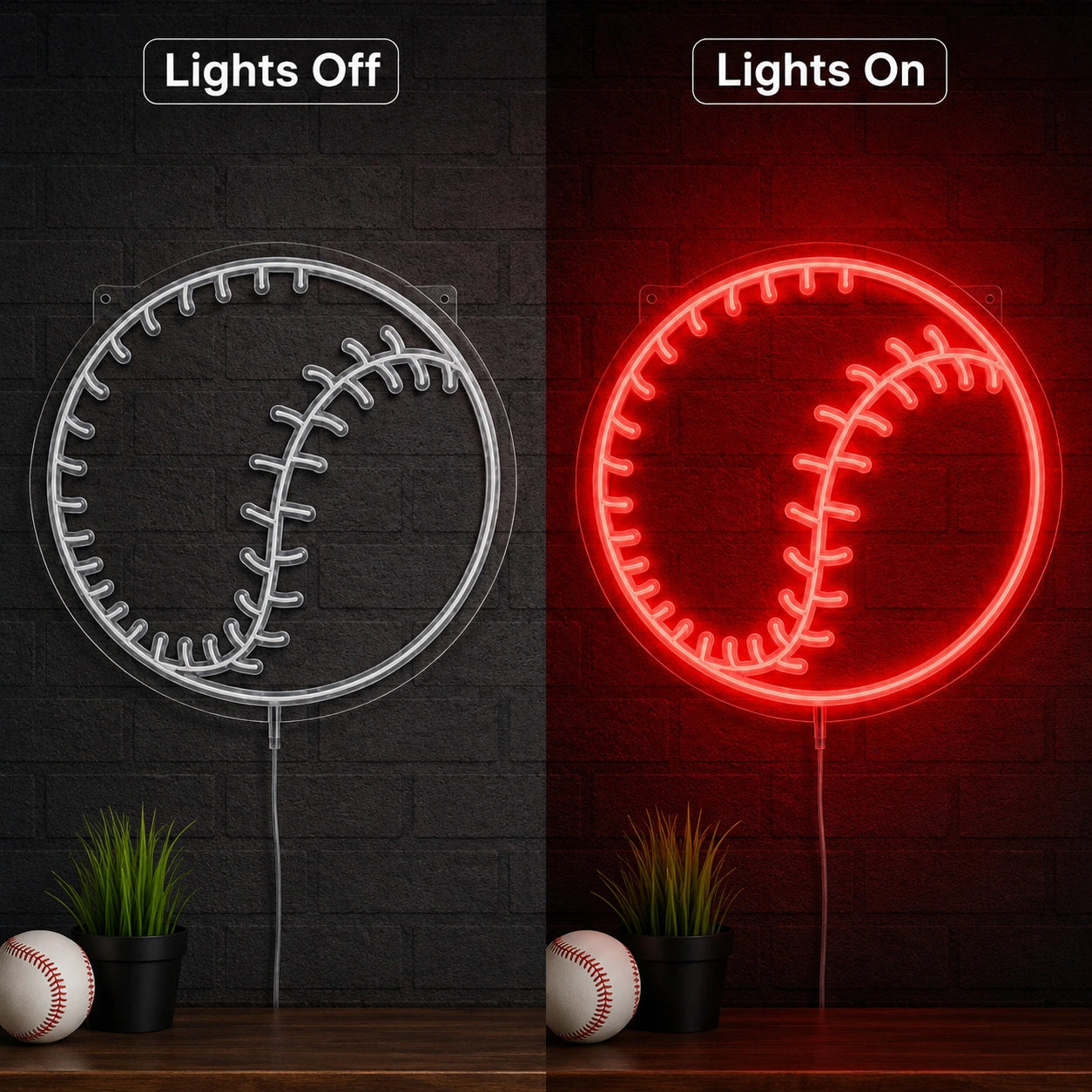 Baseball Ball Stitching LED Neon Sign day and night comparison