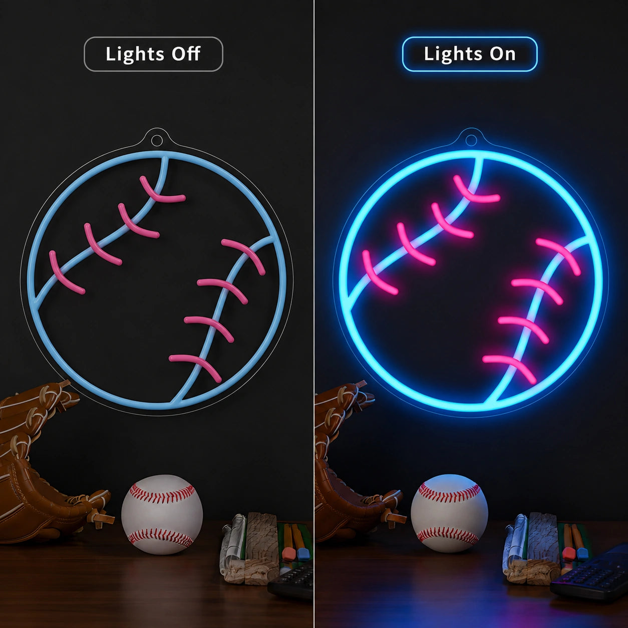 Baseball Wall Neon Sign LED Neon Sign day and night comparison
