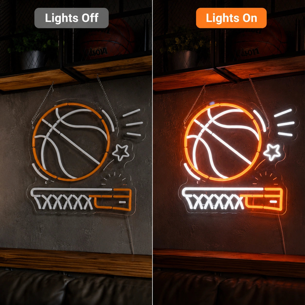 Basketball Bar Wall Neon Sign LED Neon Sign day and night comparison