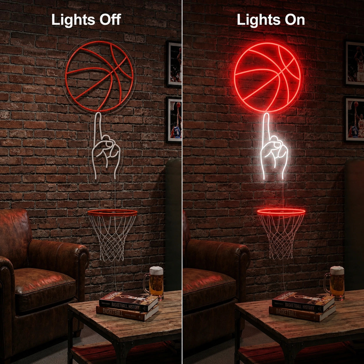 Basketball Hoop Neon Sign LED Neon Sign day and night comparison