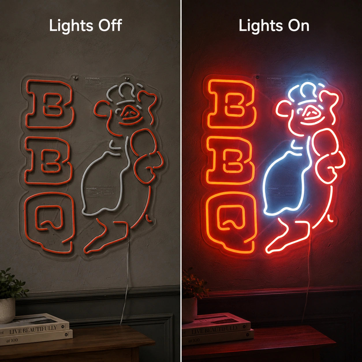 BBQ Pig Chef Neon Sign LED Neon Sign day and night comparison