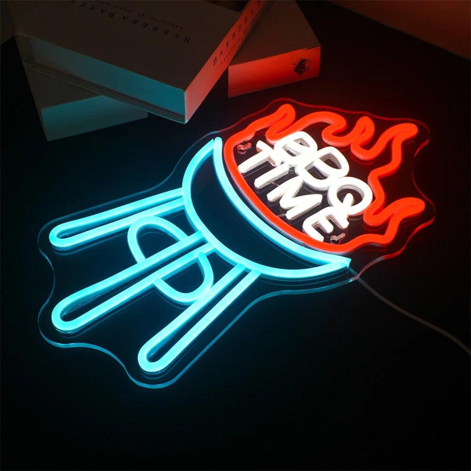Bbq Time Red White Blue Led Neon Sign With Flame Grill Art For Party Decor | Shineneon