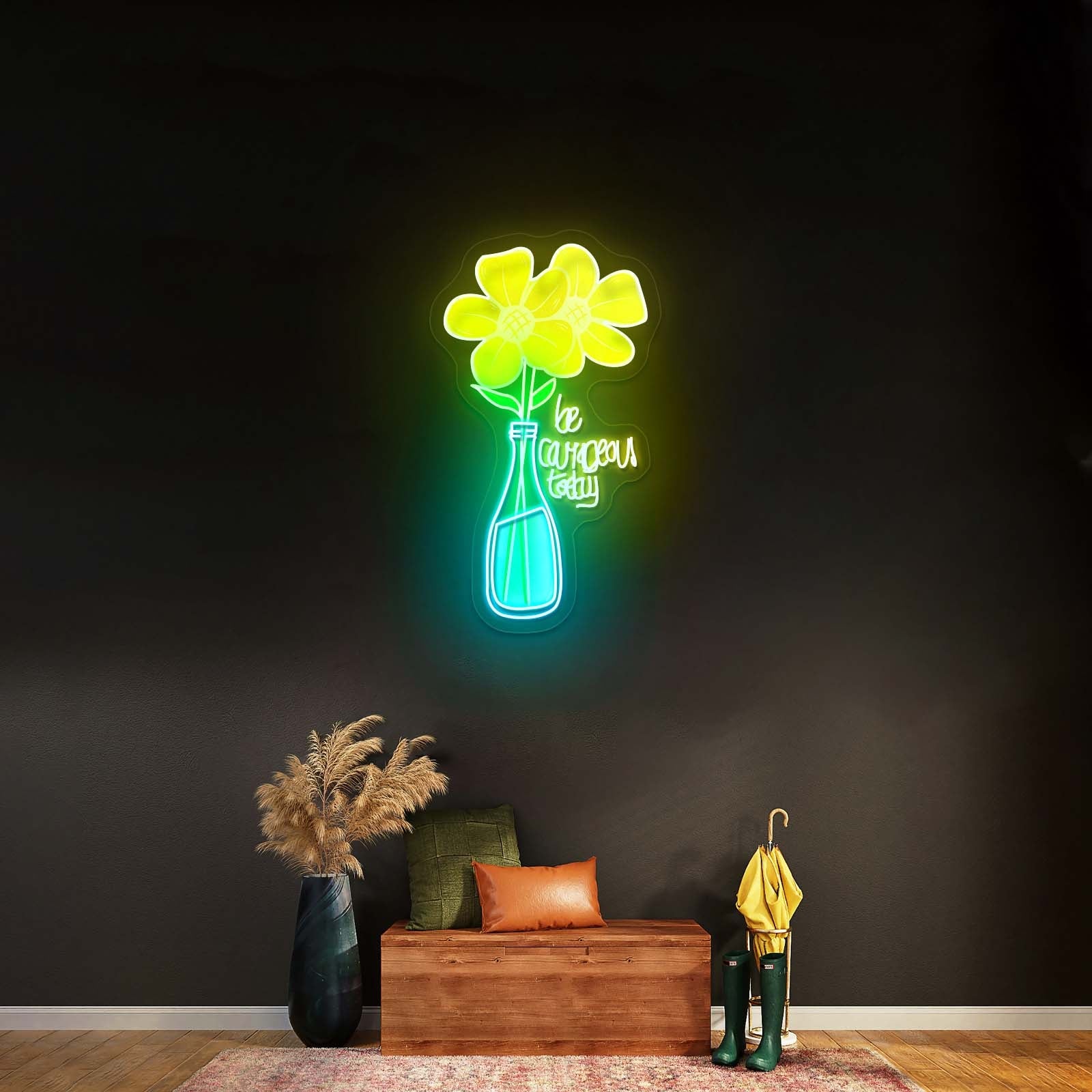 Be Courageous Today Yellow Flower Vase Clear Neon Signs For Wall - Shineneon