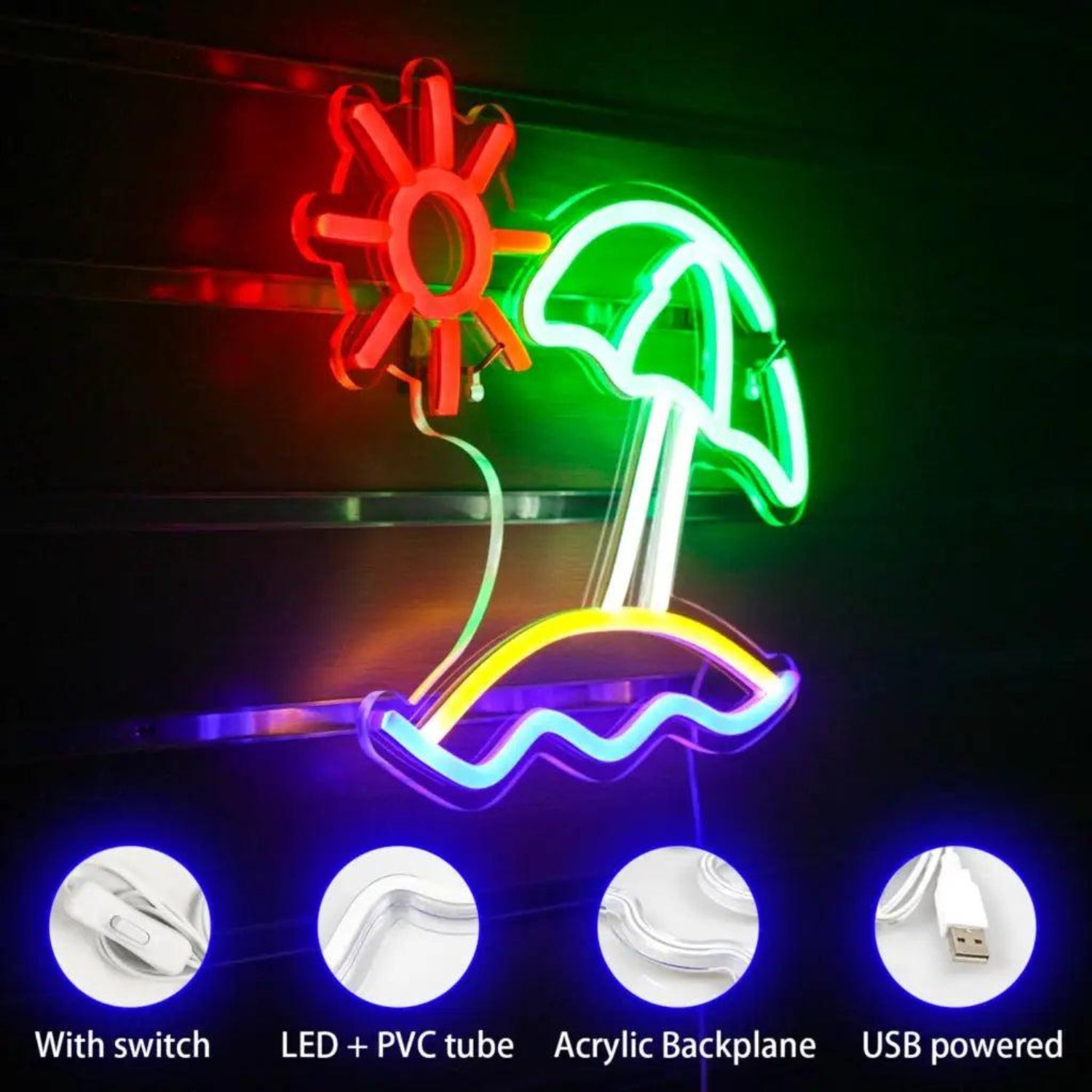 Beach Sun Multicolor Led Neon Sign With Umbrella Waves For Coastal Decor | Shineneon