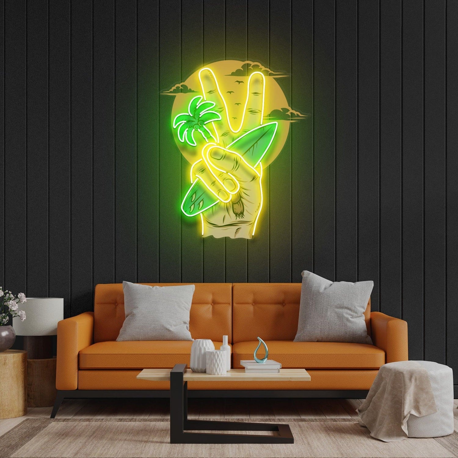 Beach V Hand Palm Tree Surfboard Uv Printed Led Neon Sign For Indoor Wall Art Decor | Shineneon